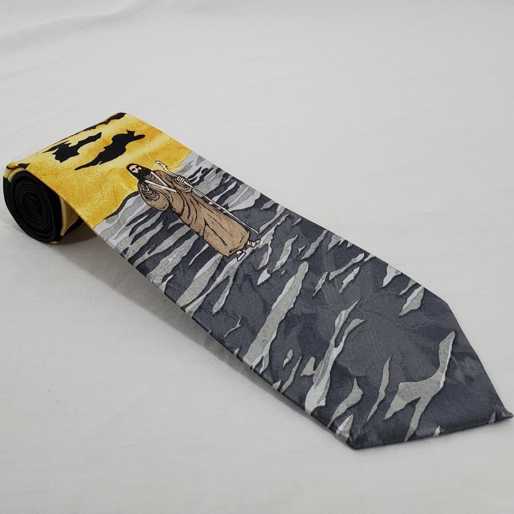 Dino Romaro Jesus on Water Necktie Black Yellow Gray Handmade